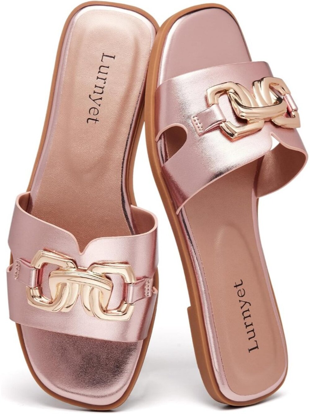Women's Rose Gold Rubber Soft Square Open Toe Slides Slip On Comfortable Shoes